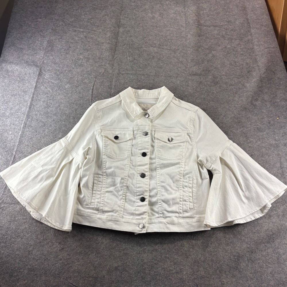 Rachel Roy Frayed Denim Jacket Bell Sleeve Distressed White Western Women L SEE